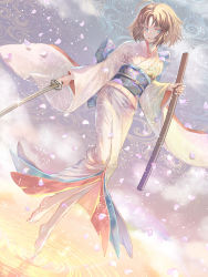 Rule 34 | 1girl, ahoge, bare shoulders, barefoot, blue bow, blue eyes, bow, brown hair, commentary, commentary request, english commentary, fate/grand order, fate (series), full body, holding, holding sword, holding weapon, japanese clothes, kara no kyoukai, katana, kimono, natsujiru, obi, petals, pink kimono, ripples, ryougi shiki, sash, scabbard, sheath, short hair, solo, sword, toes, walking, walking on liquid, water, weapon, wide sleeves