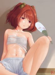 Rule 34 | 1girl, bare shoulders, bell, bloomers, chest sarashi, collarbone, commentary request, fang, hair bell, hair ornament, half-closed eyes, hand fan, kitano (kitanosnowwhite), motoori kosuzu, navel, paper fan, red eyes, red hair, sarashi, short hair, sitting, solo, sweat, tareme, touhou, two side up, uchiwa, underwear, underwear only