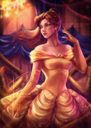 Rule 34 | 1girl, axsen, beauty and the beast, belle (disney), blurry, breasts, brown eyes, brown hair, cleavage, collarbone, depth of field, disney, dress, earrings, elbow gloves, gloves, jewelry, lips, looking to the side, medium breasts, neck, signature, solo, sparkle, watermark, web address, yellow dress, yellow gloves