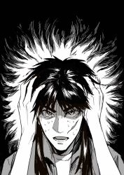 Rule 34 | 1boy, facial scar, gloom (expression), greyscale, hands on own head, highres, itou kaiji, kaiji, long hair, looking at viewer, lower teeth only, male focus, medium bangs, monochrome, open mouth, scar, scar on cheek, scar on face, scar on hand, sidelocks, solo, sweat, teeth, upper body, zhaiju2
