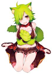Rule 34 | 1girl, :d, ahoge, animal ears, animal hands, belt, belt collar, blush, breasts, brown eyes, brown skirt, cat ears, cat tail, cleavage, collar, commentary request, detached pants, green hair, hair over one eye, hands up, highres, large breasts, looking at viewer, microskirt, mika pikazo, miniskirt, monster girl, navel, onii-chan......koko de nara sukitte itte mo iin da yo ne?, open mouth, pleated skirt, sandals, simple background, sitting, skirt, smile, solo, tail, wariza, white background