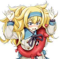 Rule 34 | 1girl, abyssal ship, alternate costume, anger vein, blonde hair, blue eyes, blue hairband, blush, buttons, commentary request, dress, enemy lifebuoy (kancolle), gambier bay (kancolle), hair between eyes, hairband, kamen rider, kantai collection, long hair, long sleeves, open mouth, sailor dress, simple background, solo, tk8d32, twintails, white background, white dress