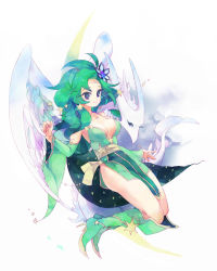 Rule 34 | 1990s (style), 1girl, aged up, angel wings, bad id, bad pixiv id, blue eyes, boots, bow, breasts, cape, detached sleeves, female focus, final fantasy, final fantasy iv, full body, gradient background, green footwear, green hair, hair ornament, high heel boots, high heels, knee boots, long hair, medium breasts, retro artstyle, rydia (ff4), sash, shako, simple background, smile, solo, white background, wings