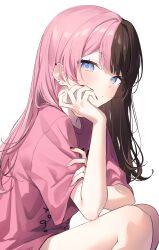 Rule 34 | 1girl, absurdres, black nails, blue eyes, brown hair, highres, looking at viewer, looking to the side, multicolored hair, nail polish, pink hair, pink shirt, shirt, short sleeves, simple background, solo, t-shirt, tachibana hinano (vtuber), two-tone hair, virtual youtuber, vspo!, white background, yuzutouhu ika