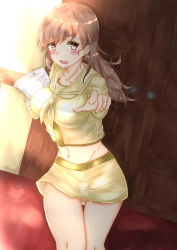 Rule 34 | 10s, absurdres, blush, breasts, brown eyes, brown hair, groin, highres, holding, holding paper, jewelry, kantai collection, large breasts, looking at viewer, midriff, navel, ooi (kancolle), paper, papers, reaching, reaching towards viewer, ring, riyo (ryon 96), sketch, solo, thigh gap, thighs, wooden door