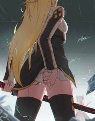 Rule 34 | 2girls, adjusting clothes, adjusting panties, arm at side, ass, black dress, black thighhighs, blonde hair, blurry, clothes lift, cropped jacket, depth of field, dress, dress lift, duel monster, electricity, facing away, from behind, from below, head out of frame, highres, holding, holding sword, holding weapon, long hair, long sleeves, multiple girls, panties, saikre, see-through, sky striker ace - raye, solo focus, standing, sword, thighhighs, thighs, underwear, very long hair, weapon, wet, wet clothes, wet hair, wet panties, yu-gi-oh!