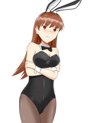 Rule 34 | 1girl, absurdres, animal ears, black bow, black bowtie, black leotard, blush, bow, bowtie, breasts, brown eyes, brown hair, brown pantyhose, cleavage, collarbone, covered navel, cowboy shot, crossed arms, detached collar, fake animal ears, frown, hair between eyes, highres, kantai collection, leotard, long hair, looking at viewer, medium breasts, ooi (kancolle), pantyhose, playboy bunny, rabbit ears, simple background, solo, strapless, strapless leotard, subaru izumi, traditional bowtie, white background, wrist cuffs