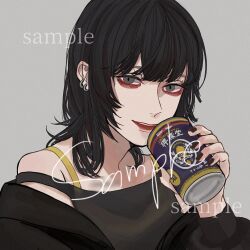 Rule 34 | 1girl, beer can, black hair, black jacket, black nails, black shirt, bra strap, can, commission, drink, drink can, earrings, grey eyes, holding, holding can, holding drink, jacket, jewelry, kagoya1219, light smile, long sleeves, looking at viewer, medium hair, nail polish, off shoulder, open clothes, open jacket, original, sample watermark, shirt, sleeveless, sleeveless shirt, solo, strap slip, upper body, watermark
