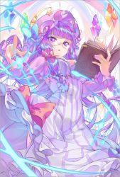 Rule 34 | 1girl, airrabbityan, bespectacled, blunt bangs, book, bow, breasts, cleavage, crescent, crescent hair ornament, crystal, from below, frown, glasses, hair bow, hair ornament, hat, highres, large breasts, long hair, magic, open book, patchouli knowledge, purple hair, robe, solo, striped, touhou