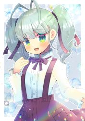 Rule 34 | 1girl, :d, aino pekonen, antenna hair, black bow, black skirt, blue flower, blush, bow, center frills, commentary request, floral background, flower, frills, green eyes, green hair, grey background, hair between eyes, hand up, kokoro navi, kou hiyoyo, long sleeves, looking at viewer, open mouth, shirt, skirt, smile, solo, suspender skirt, suspenders, twintails, white shirt