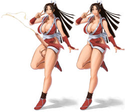 Rule 34 | breasts, brown hair, cleavage, cum, ejaculation, erection, fatal fury, full-package futanari, futanari, handsfree ejaculation, huge breasts, huge penis, huge testicles, large breasts, long hair, multiple views, no panties, penis, shiranui mai, shiranui mokeiten, shoes, simple background, testicles, the king of fighters