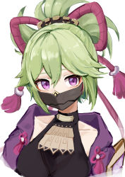 Rule 34 | 1girl, absurdres, black shirt, chinese commentary, commentary request, dodo (yatotoyatoto), genshin impact, green hair, hair between eyes, highres, jacket, kuki shinobu, looking at viewer, mask, mouth mask, open clothes, open jacket, ponytail, purple eyes, purple jacket, shirt, short hair, simple background, solo, upper body, white background