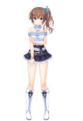 Rule 34 | 1girl, absurdres, black skirt, blue eyes, blue scrunchie, blush, boots, bracelet, breasts, brown hair, cleavage, closed mouth, criss-cross halter, drapri guu-ta-life 2, frilled skirt, frills, full body, game cg, hair between eyes, hair ornament, hair scrunchie, hairclip, halterneck, highres, ichinose suzuka, jewelry, knee boots, long hair, looking at viewer, medium breasts, miniskirt, off-shoulder sweater, off shoulder, scrunchie, side ponytail, skirt, smile, solo, standing, sweater, tachi-e, takano yuki (allegro mistic), transparent background, white footwear, white sweater