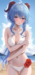 Rule 34 | 1girl, absurdres, ahoge, arm under breasts, bare arms, bare shoulders, beach, bikini, blue hair, blue sky, blurry, blurry background, breasts, cleavage, cloud, cowboy shot, day, flower, ganyu (genshin impact), genshin impact, goat horns, gradient eyes, hibiscus, highres, holding own arm, horns, long hair, looking at viewer, medium breasts, multicolored eyes, navel, ocean, open mouth, outdoors, ponytail, purple eyes, red flower, sidelocks, skindentation, sky, solo, stomach, string bikini, swimsuit, thighs, wet, white bikini, yamamoto (ymmt is sexy)