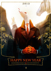 Rule 34 | 2013, 3others, aojima, black suit, rabbit, formal, happy new year, horse, interlocked fingers, long sleeves, multiple others, necktie, new year, original, own hands together, red eyes, red neckwear, snake, star (symbol), suit, tongue, tongue out