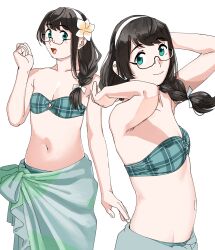 Rule 34 | 1girl, armpits, arms up, bikini, black hair, blue eyes, blue sarong, braid, braided ponytail, breasts, cleavage, closed mouth, cowboy shot, glasses, green eyes, hairband, highres, kantai collection, long hair, looking at viewer, multiple views, navel, official alternate costume, official alternate hairstyle, ojipon, ooyodo (kancolle), open mouth, plaid, plaid bikini, sarong, semi-rimless eyewear, simple background, small breasts, smile, swimsuit, white background