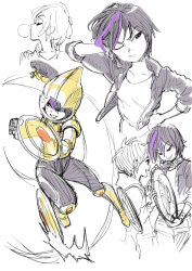 Rule 34 | 1girl, big hero 6, blowing bubbles, chewing gum, gogo tomago, kamatani yuuki, marvel, monochrome, multicolored hair, one eye closed, purple hair, short hair, sketch, spot color, two-tone hair, white background