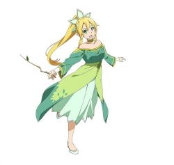Rule 34 | 10s, 1girl, blonde hair, dress, full body, green dress, green eyes, hair ornament, highres, leafa, long hair, looking at viewer, official art, open mouth, pointy ears, ponytail, simple background, solo, sword art online, sword art online: code register, white background
