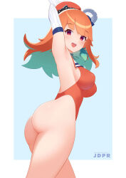 Rule 34 | 1girl, armpits, ass, blush, breasts, chef hat, colored inner hair, earrings, feather earrings, feathers, green hair, hat, highleg, highleg swimsuit, hololive, hololive english, jdpr, jewelry, long hair, medium breasts, multicolored hair, multiple hats, one-piece swimsuit, open mouth, orange hair, orange hat, orange one-piece swimsuit, purple eyes, smile, solo, swimsuit, takanashi kiara, thighs, virtual youtuber