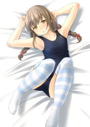 Rule 34 | armpits, arms up, bare arms, bare shoulders, bed sheet, blue one-piece swimsuit, blue thighhighs, blush, braid, brown eyes, brown hair, collarbone, commentary request, half-closed eyes, head tilt, highres, knees up, long hair, looking at viewer, low twintails, no shoes, old school swimsuit, one-piece swimsuit, original, parted lips, school swimsuit, shibacha, sidelocks, solo, striped clothes, striped thighhighs, swimsuit, thighhighs, twin braids, twintails