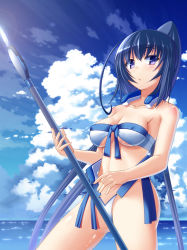 Rule 34 | 1girl, bikini, blue eyes, blue hair, breasts, cleavage, cloud, covered erect nipples, day, front-tie top, honda futayo, kyoukaisenjou no horizon, large breasts, looking at viewer, matching hair/eyes, md5 mismatch, polearm, purple eyes, sky, solo, spear, swimsuit, takanashi-a, water, weapon, white bikini