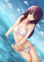 Rule 34 | 1girl, absurdres, ahoge, arm support, bikini, black eyes, dutch angle, evan yang, highres, long hair, looking at viewer, original, parted lips, partially submerged, purple hair, shiny skin, solo, submerged, swimsuit, water, wet, white bikini
