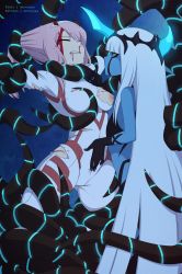 Rule 34 | 001 (darling in the franxx), 10s, 2girls, absurdly long hair, bad id, bad pixiv id, blood, blue skin, bodysuit, breasts, clenched teeth, colored skin, darling in the franxx, closed eyes, grabbing another&#039;s hair, groping, hand on another&#039;s stomach, highres, horns, incest, long hair, medium breasts, merunyaa, monster girl, multiple girls, nipples, nosebleed, oni horns, pink hair, grabbing another&#039;s hair, restrained, smile, teeth, tentacle hair, tentacles, torn bodysuit, torn clothes, very long hair, white hair, yuri, zero two (darling in the franxx)