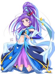 Rule 34 | 1girl, armpits, bad id, bad pixiv id, black hat, blue bow, blue gemstone, blue ribbon, bow, braid, crown braid, cure magical, cure magical (sapphire style), full body, gem, hair ribbon, hat, highres, izayoi liko, kneeling, long hair, looking at viewer, magical girl, mahou girls precure!, mini hat, mini witch hat, navel, nii manabu, ponytail, precure, purple eyes, purple hair, purple skirt, ribbon, sapphire style, sash, signature, skirt, smile, solo, white background, wide ponytail, witch hat