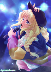 Rule 34 | 1girl, artist name, black hat, blonde hair, blue eyes, blurry, blurry background, braid, fingernails, hat, highres, holding, holding microphone, indoors, jacket, microphone, multicolored clothes, multicolored jacket, nail polish, open mouth, paripi koumei, pink nails, see-through, sidelocks, solo, stage lights, sweat, tsukimi eiko, twintails, wet, wet clothes, yatsuha kanan