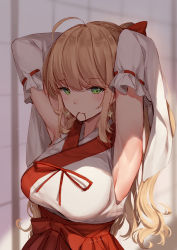 Rule 34 | 1girl, ahoge, armpits, bison cangshu, blonde hair, blush, breasts, detached sleeves, earrings, green eyes, hair tie in mouth, hakama, hakama skirt, highres, holding, holding own hair, japanese clothes, jewelry, kimono, large breasts, long hair, looking at viewer, miko, missouri (warship girls r), mouth hold, nontraditional miko, red hakama, shade, sidelocks, skirt, smile, solo, star (symbol), star earrings, upper body, warship girls r, wide sleeves