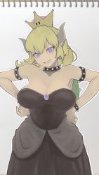 Rule 34 | 1girl, absurdres, armlet, black collar, black dress, blonde hair, blue eyes, bowsette, bracelet, breasts, cappuccino-caffe, collar, collarbone, cowboy shot, crown, dress, earrings, gradient background, grey background, highres, horns, jewelry, large breasts, looking at viewer, mario (series), new super mario bros. u deluxe, nintendo, notebook, outline, photo (medium), sharp teeth, smile, solo, spiked armlet, spiked bracelet, spiked collar, spiked shell, spikes, strapless, strapless dress, super crown, teeth, turtle shell, white outline