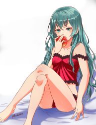 Rule 34 | 1girl, apple, aqua eyes, aqua hair, bed sheet, breasts, collarbone, crossed legs, eriizane, food, frilled panties, frilled shirt, frills, fruit, hatsune miku, highres, holding, holding food, holding fruit, long hair, off shoulder, panties, pillow, red panties, red shirt, romeo to cinderella (vocaloid), shirt, simple background, sitting, sleeveless, sleeveless shirt, small breasts, solo, twitter username, underwear, very long hair, vocaloid, white background