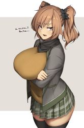 Rule 34 | 1girl, annoyed, arms under breasts, black scarf, black thighhighs, blazer, breast hold, breasts, brown eyes, brown hair, crossed arms, curvy, green skirt, grey jacket, highres, jacket, large breasts, long hair, looking at viewer, makino momiji (artist), open mouth, original, plaid, plaid skirt, scarf, school uniform, skirt, solo, standing, sweater, thick thighs, thighhighs, thighs, translation request, twintails, yellow sweater