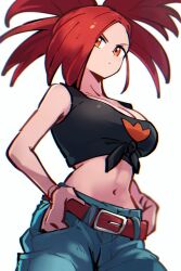 Rule 34 | 1girl, bare shoulders, belt, breasts, creatures (company), crop top, fire print, flannery (pokemon), game freak, large breasts, long hair, nintendo, pants, pokemon, pokemon rse, ponytail, red eyes, red hair, rewin (nobabys perfect), sleeveless, white background