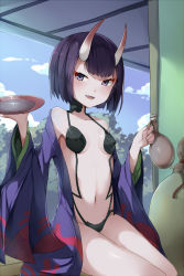 Rule 34 | 1girl, alcohol, bikini, black hair, blush, bottle, breasts, child, cloud, cup, fangs, fate/grand order, fate (series), holding, horns, japanese clothes, kimono, kimoshi, looking at viewer, navel, off shoulder, oni, open clothes, open mouth, outdoors, purple eyes, sakazuki, sake, shiny clothes, short hair, shuten douji (fate), shuten douji (first ascension) (fate), sitting, sky, small breasts, smile, solo, swimsuit, tongue