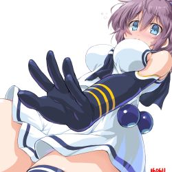 Rule 34 | 1girl, alternate costume, aoba (kancolle), bare shoulders, blue eyes, blush, breasts, cosplay, dd (ijigendd), dutch angle, elbow gloves, from below, gloves, impossible clothes, impossible shirt, kantai collection, large breasts, looking down, messy hair, neckerchief, numbered, ponytail, purple hair, sailor collar, samidare (kancolle), samidare (kancolle) (cosplay), school uniform, scrunchie, serafuku, shirt, simple background, skirt, smile, solo, thighhighs, white background