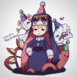 Rule 34 | 184nx, 1girl, 2020, birthday, blonde hair, blush stickers, chibi, cross, cross necklace, double (skullgirls), closed eyes, grey background, hat, highres, jewelry, monster girl, necklace, nun, party hat, skullgirls, smile, solo, sunglasses on head