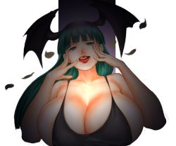 Rule 34 | 1girl, blood, breasts, capcom, cleavage, collarbone, demon girl, gigantic breasts, green hair, imakunni, lips, lipstick, long hair, makeup, morrigan aensland, smile, solo, swimsuit, tongue, tongue out, vampire (game)