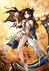 Rule 34 | 1girl, asymmetrical legwear, asymmetrical sleeves, barefoot, blue sleeves, blue thighhighs, brown hair, closed mouth, detached sleeves, earrings, fate/grand order, fate (series), floating hair, highres, holding, ishtar (fate), jewelry, light smile, long hair, long sleeves, looking at viewer, midriff, navel, o-ring, panties, red eyes, single sleeve, single thighhigh, solo, stomach, striped, thighhighs, underwear, uneven legwear, uneven sleeves, very long hair, white panties, yorktown cv-5