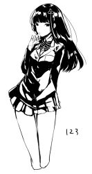 Rule 34 | 10s, 1girl, bad id, bad pixiv id, breasts, eyelashes, greyscale, hair ornament, highres, long hair, long sleeves, looking at viewer, medium breasts, monochrome, necktie, persona, persona 5, sakofu, school uniform, simple background, sketch, skirt, solo, thigh gap, tougou hifumi, white background