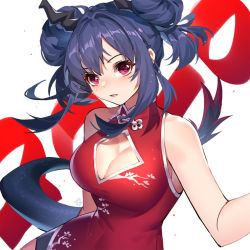 Rule 34 | 1girl, 2020, arknights, blue hair, breasts, ch&#039;en (ageless afterglow) (arknights), ch&#039;en (arknights), china dress, chinese clothes, cleavage, cleavage cutout, clothing cutout, double bun, dress, horns, kan (rainconan), large breasts, looking at viewer, official alternate costume, parted lips, pink eyes, red dress, sidelocks, solo, tail