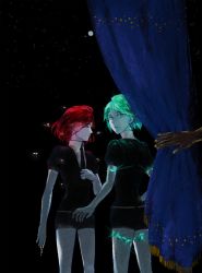 Rule 34 | androgynous, crack, crying, crying with eyes open, curtains, gem uniform (houseki no kuni), gender request, glowing, golden arms, green eyes, green hair, highres, houseki no kuni, looking at viewer, mercury (element), misoka (0), necktie, phosphophyllite, red eyes, red hair, cinnabar (houseki no kuni), short hair, shorts, tears, time paradox