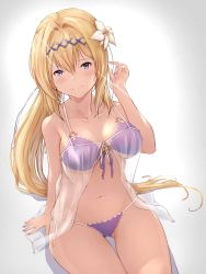 Rule 34 | 1girl, arm at side, bikini, blonde hair, blush, breasts, chokuro, closed mouth, collarbone, flower, front-tie bikini top, front-tie top, gluteal fold, gradient background, granblue fantasy, grey background, hair between eyes, hair flower, hair ornament, hand up, highres, jeanne d&#039;arc (granblue fantasy), large breasts, long hair, looking at viewer, nail polish, navel, ponytail, purple bikini, purple eyes, purple nails, purple ribbon, resolution mismatch, ribbon, see-through, side-tie bikini bottom, sidelocks, sitting, smile, solo, source larger, spaghetti strap, stomach, swimsuit, tareme, thigh gap, thighs, underboob, very long hair, white flower, white ribbon