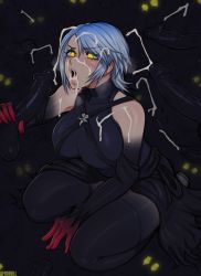 Rule 34 | 1girl, afrobull, anti-aqua, aqua (kingdom hearts), artist name, bare shoulders, black leotard, black skin, black thighhighs, blue hair, blush, breasts, bukkake, colored skin, commentary, corruption, cum, cum on clothes, cum on hair, dark persona, elbow gloves, english commentary, facial, gloved handjob, gloves, glowing, glowing eyes, gradient skin, handjob, highres, kingdom hearts, large breasts, leotard, multiple penises, open mouth, penis, red gloves, short hair, solo focus, squatting, thighhighs, uncensored, waist cape, yellow eyes