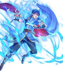 Rule 34 | 1boy, attack, aura, blue aura, blue cape, blue eyes, blue hair, cape, fingerless gloves, fire emblem, fire emblem: mystery of the emblem, fire emblem engage, fire emblem heroes, floating, gloves, glowing, glowing weapon, highres, holding, holding sword, holding weapon, marth (emblem) (fire emblem), marth (fire emblem), multicolored cape, multicolored clothes, nintendo, non-web source, open mouth, red cape, solo, sword, tiara, weapon