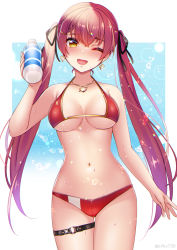 Rule 34 | 1girl, ;d, bare arms, bare shoulders, bikini, black rock shooter, blue background, blush, bottle, breasts, cleavage, collarbone, cowboy shot, earrings, gluteal fold, gradient background, hair ornament, hair ribbon, hairclip, heart, heart earrings, heart necklace, highres, holding, holding bottle, hololive, houshou marine, houshou marine (summer), jewelry, long hair, looking at viewer, medium breasts, navel, necklace, o-ring, o-ring thigh strap, one eye closed, open mouth, red bikini, red hair, ribbon, silky (silky alice), smile, solo, stomach, swimsuit, thigh gap, thigh strap, twintails, twitter username, underboob, very long hair, virtual youtuber, water drop, yellow eyes
