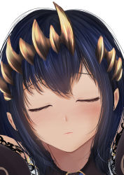 Rule 34 | 1girl, nanashi inc., black hair, blush, closed eyes, dc24v, demon girl, embarrassed, eyebrows hidden by hair, facing viewer, honey strap, horns, incoming kiss, long hair, nose blush, pointy ears, portrait, pov, shimamura charlotte, simple background, solo, virtual youtuber, white background