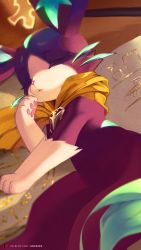 Rule 34 | 1girl, absurdres, ancesra, animal ears, animal hands, animal nose, artist name, body fur, book, cape, cat ears, cat girl, closed eyes, closed mouth, cropped, female focus, flat chest, furry, furry female, green fur, highres, league of legends, lying, multicolored fur, on side, open book, patreon logo, patreon username, purple fur, runes, sleeping, solo, watermark, web address, whiskers, white fur, yellow cape, yuumi (league of legends)