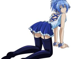 Rule 34 | 00s, 1girl, all fours, ass, bent over, blue eyes, blue hair, forced dressing, from behind, full body, genderswap, genderswap (mtf), highres, kampfer, matching hair/eyes, senou natsuru, skirt, solo, thighhighs, transparent background, vector trace, zettai ryouiki