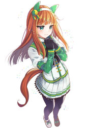 Rule 34 | 1girl, animal ears, asymmetrical footwear, black gloves, blouse, blunt bangs, blunt ends, brown footwear, closed mouth, commentary, ear covers, gloves, green eyes, hairband, highres, horse ears, horse girl, horse tail, idol, interlocked fingers, juliet sleeves, long hair, long sleeves, looking to the side, miniskirt, mismatched footwear, orange hair, own hands together, pantyhose, pleated skirt, puffy sleeves, ruruepa, shirt, shoes, silence suzuka (umamusume), skirt, smile, solo, standing, tail, umamusume, white background, white footwear, white hairband, white pantyhose, white shirt, white skirt